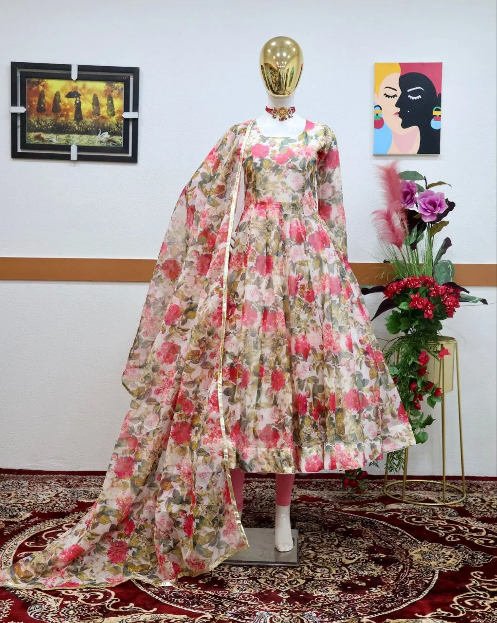 Floral Printed Organza Anarkali Gown