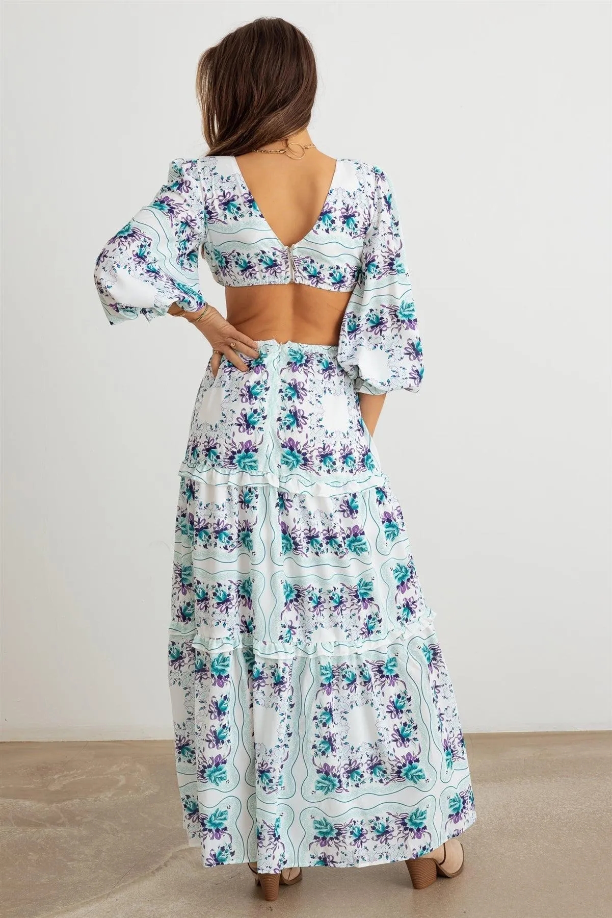 Floral Ruffle Criss-Cross Waist O-Ring  Maxi Dress