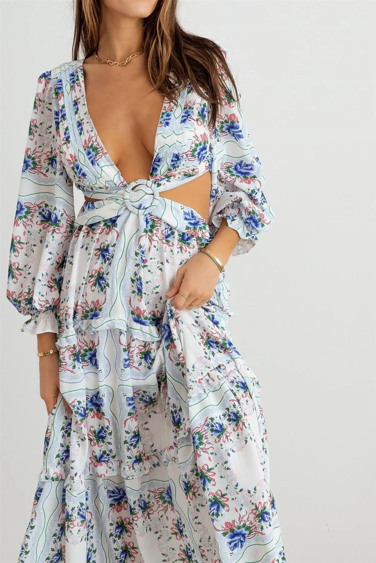 Floral Ruffle Criss-Cross Waist O-Ring  Maxi Dress