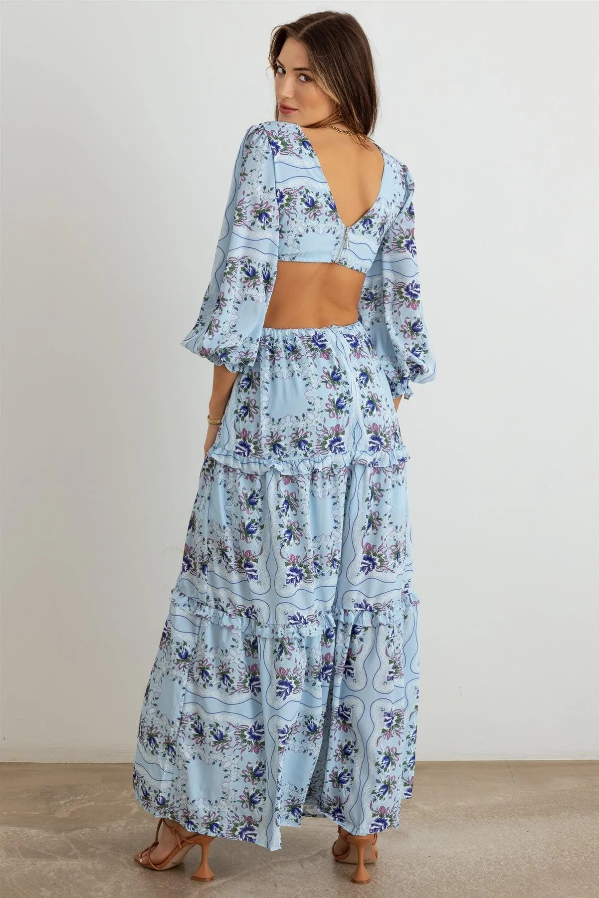 Floral Ruffle Criss-Cross Waist O-Ring  Maxi Dress