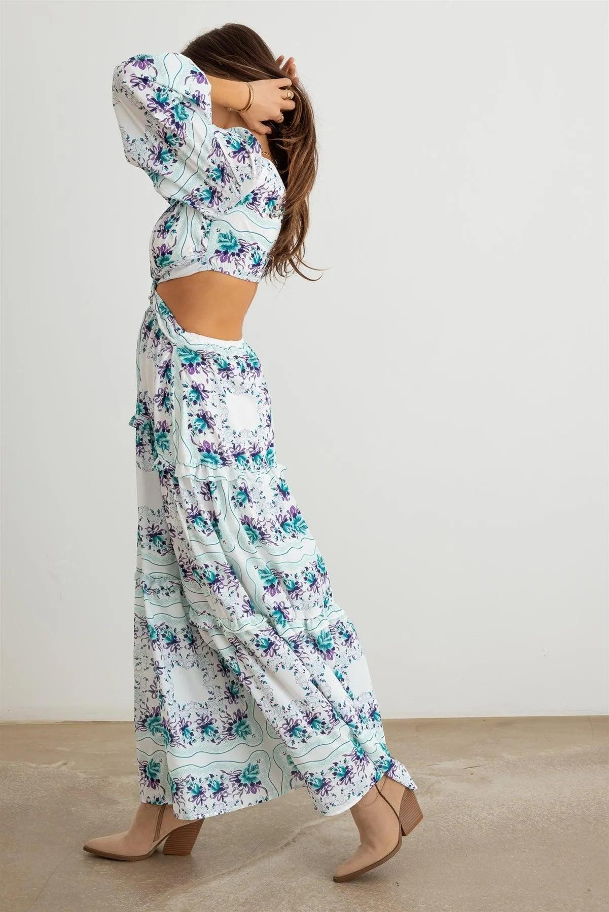 Floral Ruffle Criss-Cross Waist O-Ring  Maxi Dress