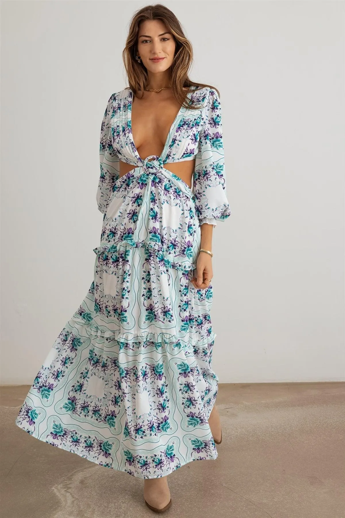 Floral Ruffle Criss-Cross Waist O-Ring  Maxi Dress