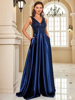 Formal Dresses Satin Sequins V-Neck Pockets Evening Gown