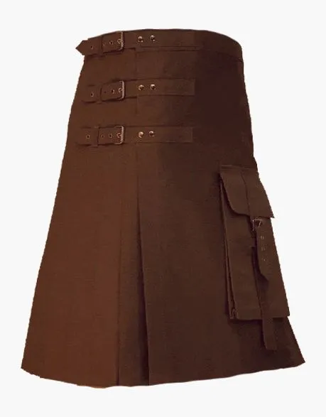 Front pocket and utility kilt in brown color