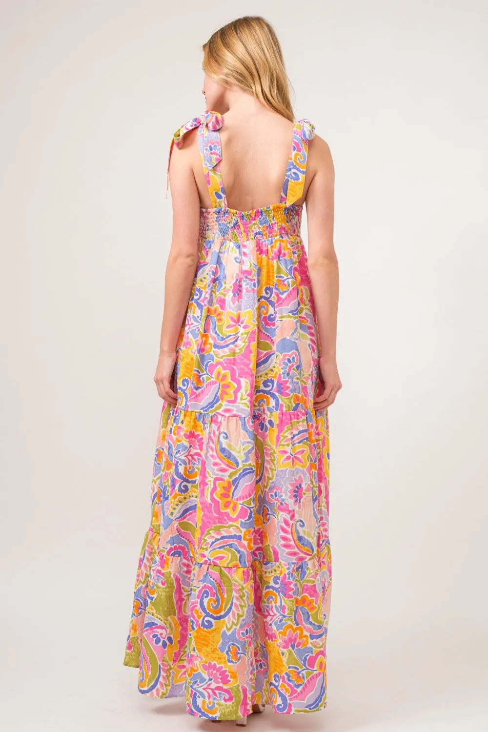 Full Size Printed Tie Shoulder Tiered Maxi Dress