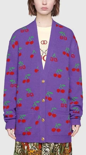 GG Cherry Jacquard Wool Knit Cardigan