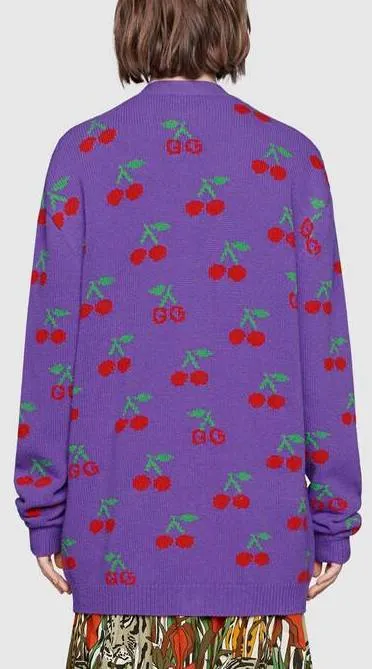 GG Cherry Jacquard Wool Knit Cardigan