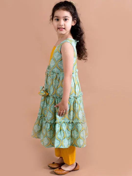 Girls Green Printed Pure Cotton Kurta With Trousers - Ps Peaches