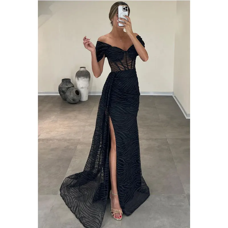 Glamorous Dramatic Off-Shoulder Cap-Sleeves Sheath Slit Prom Dress