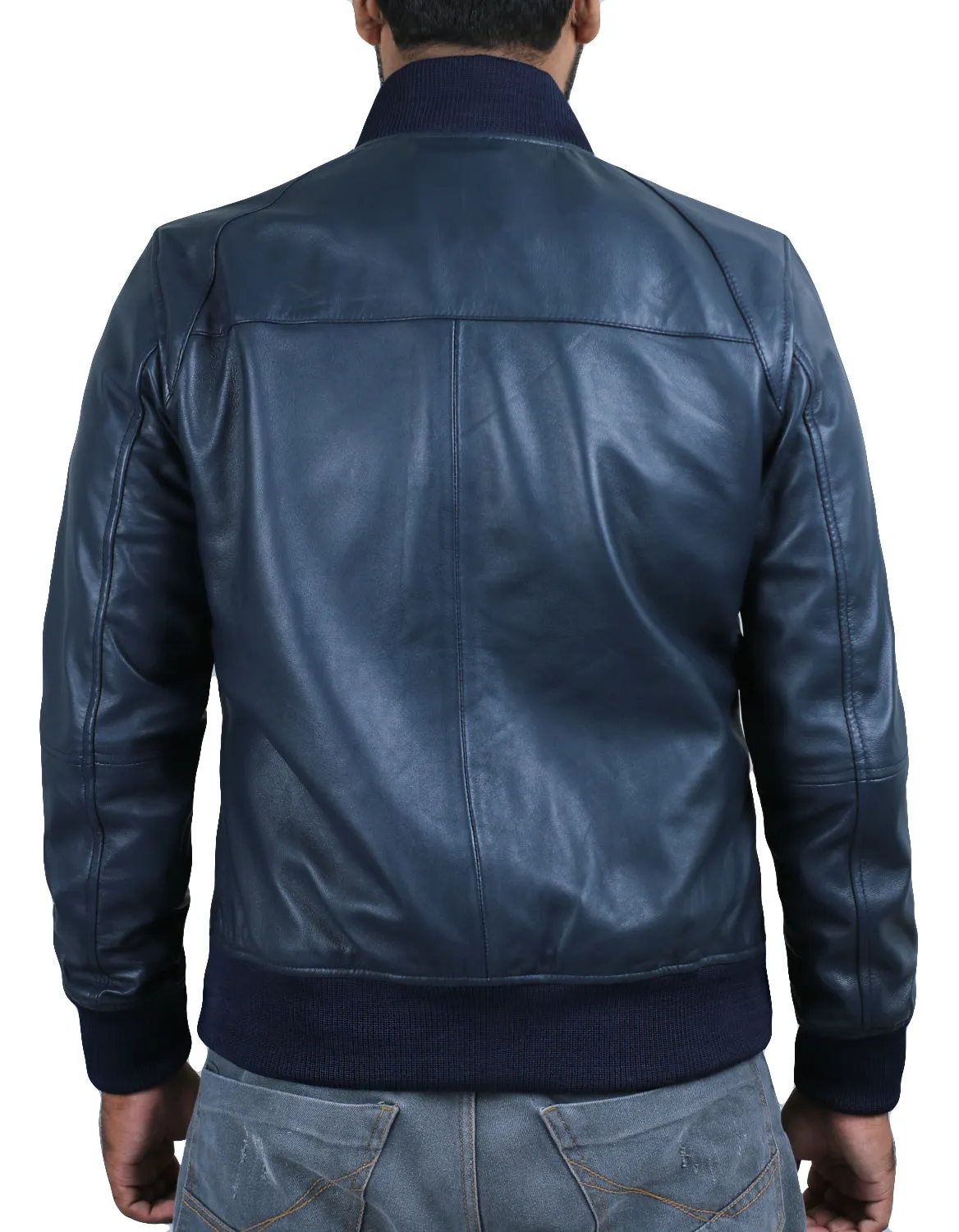 Glintix Navy Blue Bomber Leather Jacket