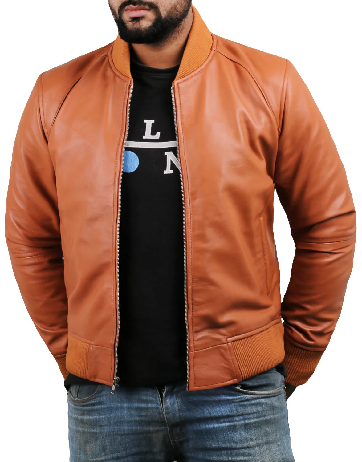 Glintix Navy Blue Bomber Leather Jacket