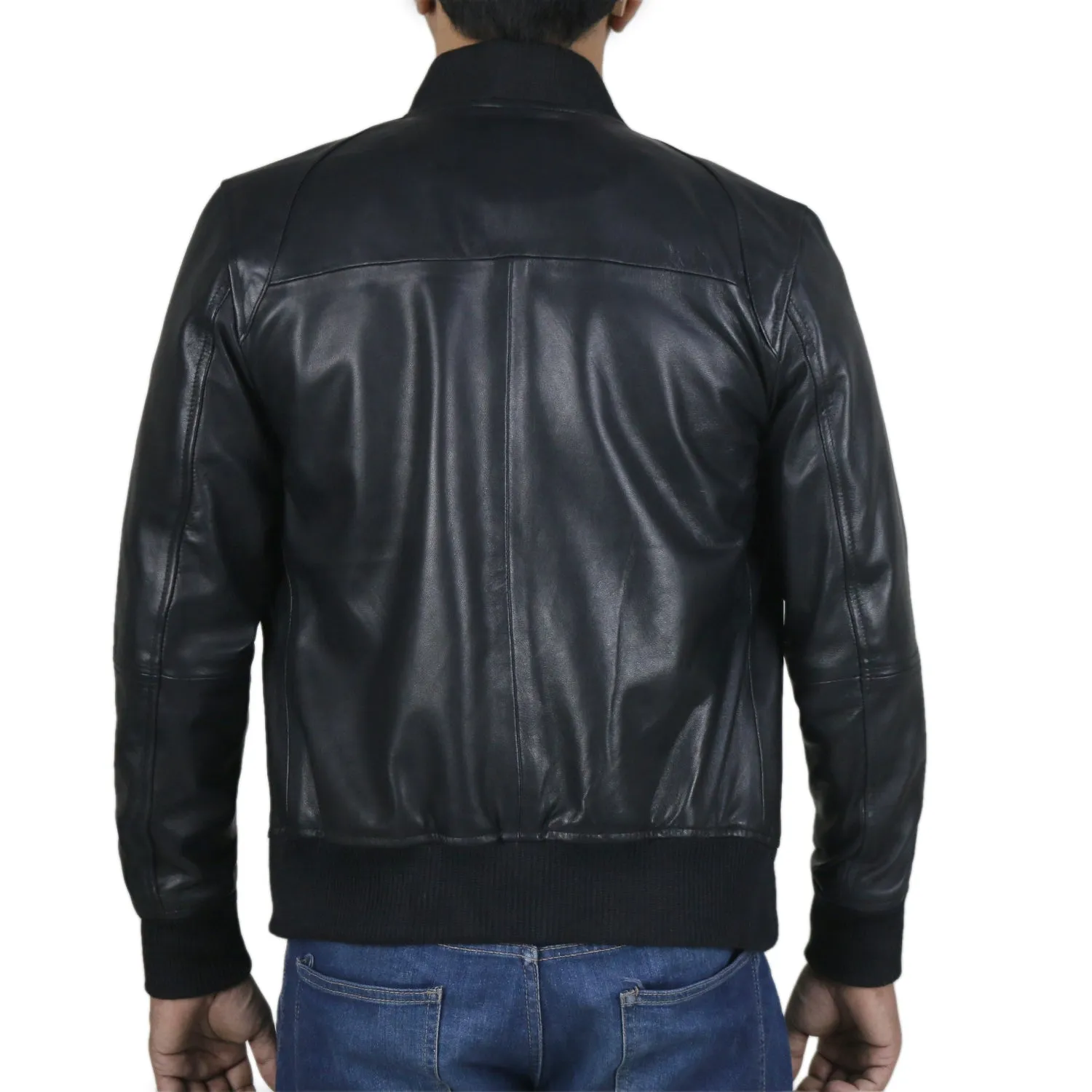 Glintix Navy Blue Bomber Leather Jacket