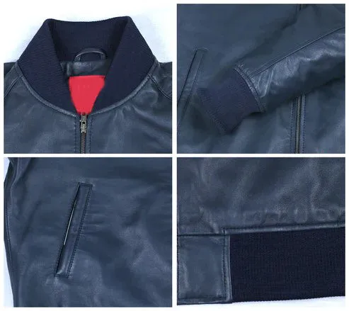 Glintix Navy Blue Bomber Leather Jacket