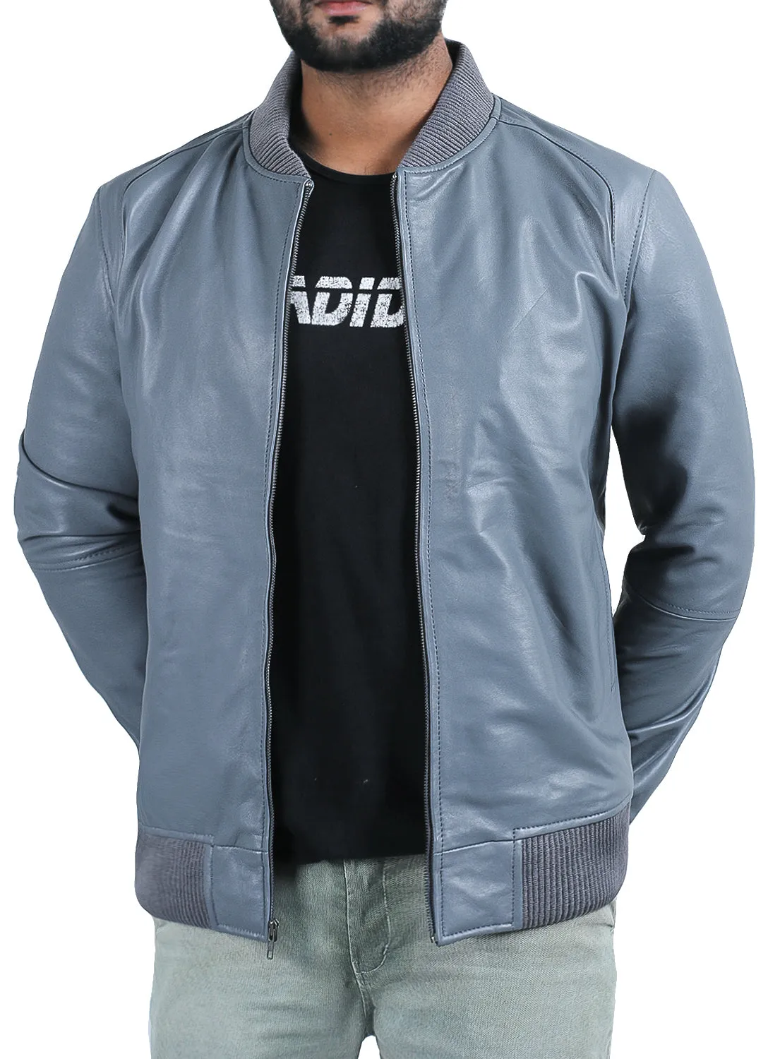 Glintix Navy Blue Bomber Leather Jacket