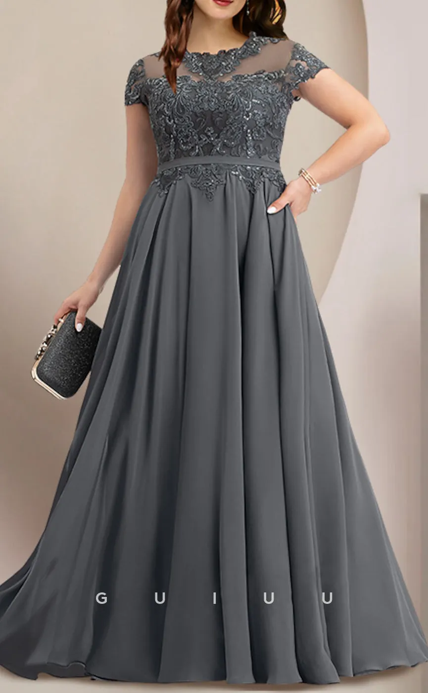 GM045 - Plus Size A-Line Floor Length Short Sleeves Pleated Appliques Chiffon Mother of the Bride Dress