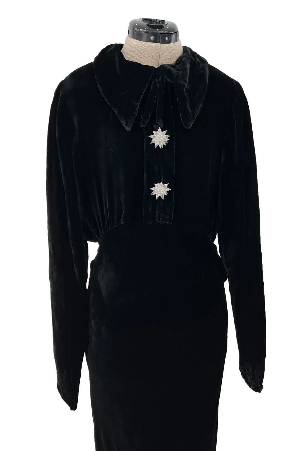 Gorgeous 1930s Bias Cut Black Silk Velvet Dress w Incredible 3D Star Buttons