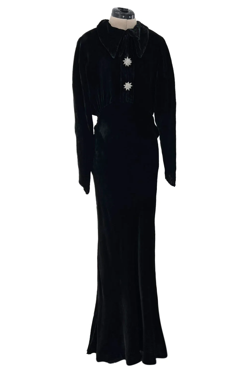 Gorgeous 1930s Bias Cut Black Silk Velvet Dress w Incredible 3D Star Buttons