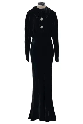 Gorgeous 1930s Bias Cut Black Silk Velvet Dress w Incredible 3D Star Buttons