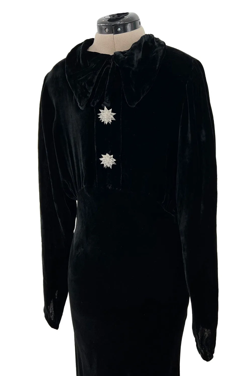 Gorgeous 1930s Bias Cut Black Silk Velvet Dress w Incredible 3D Star Buttons