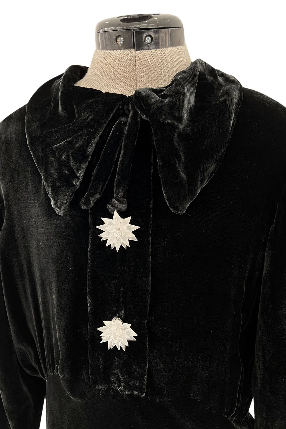 Gorgeous 1930s Bias Cut Black Silk Velvet Dress w Incredible 3D Star Buttons