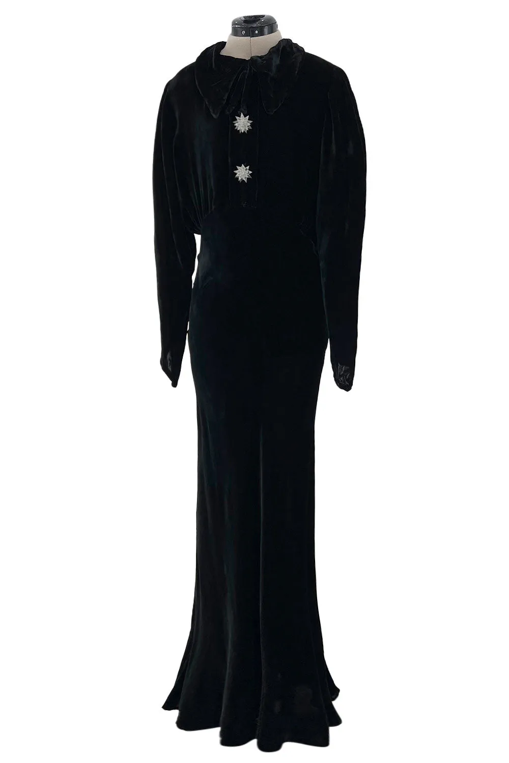 Gorgeous 1930s Bias Cut Black Silk Velvet Dress w Incredible 3D Star Buttons