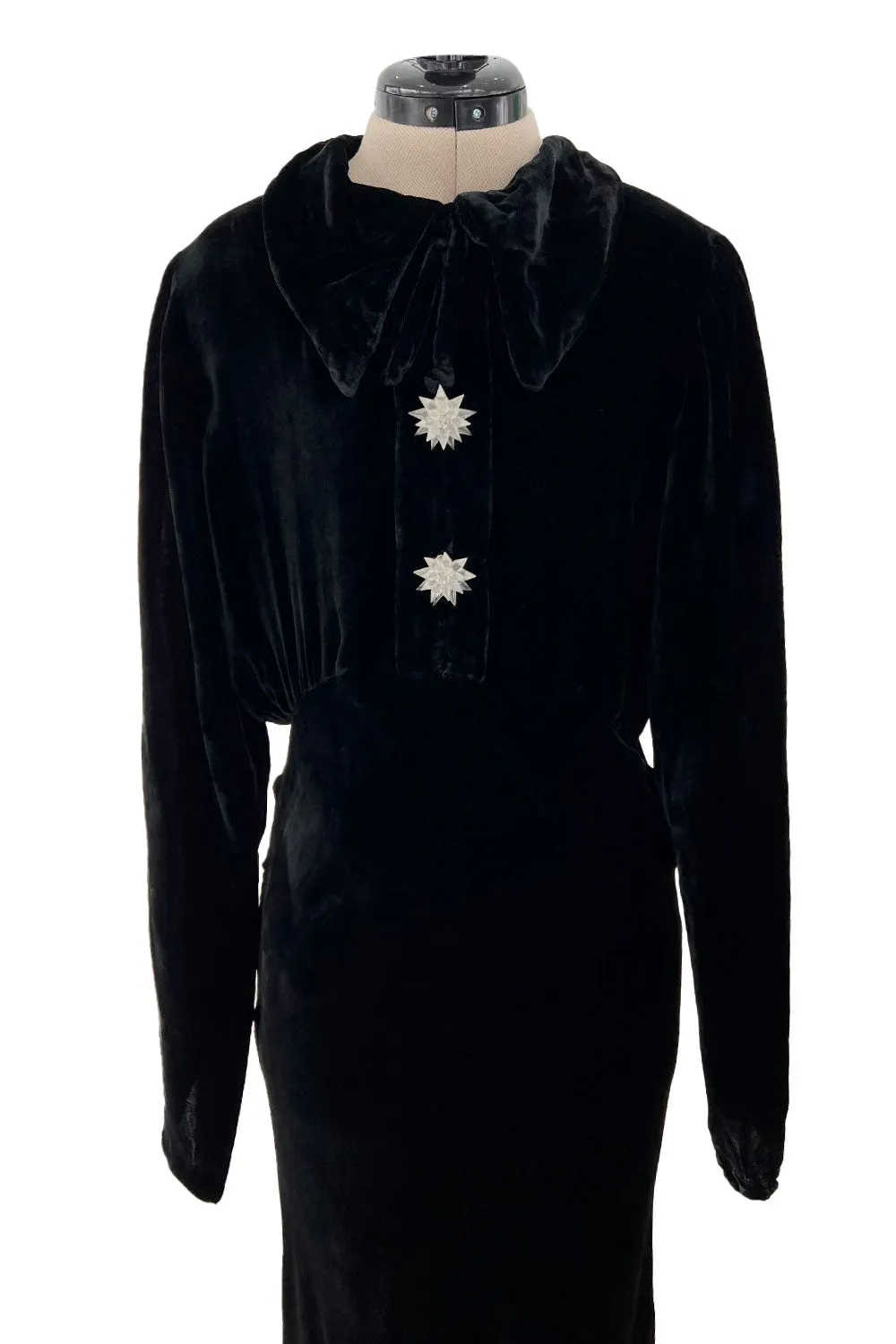 Gorgeous 1930s Bias Cut Black Silk Velvet Dress w Incredible 3D Star Buttons