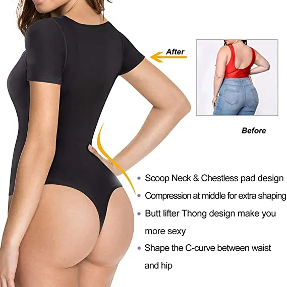 Gotoly Bodysuit for Women Tummy Control Shapewear Thong Shaping Tank Top Round Neck Jumpsuits Short Sleeve T Shirts - Black, 2X