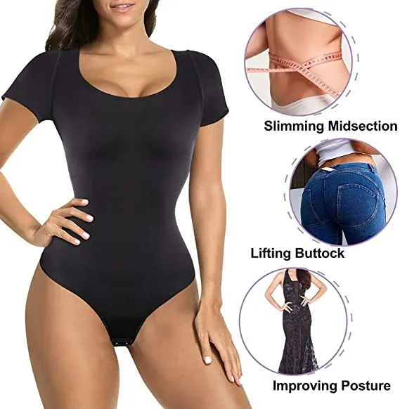 Gotoly Bodysuit for Women Tummy Control Shapewear Thong Shaping Tank Top Round Neck Jumpsuits Short Sleeve T Shirts - Black, 2X