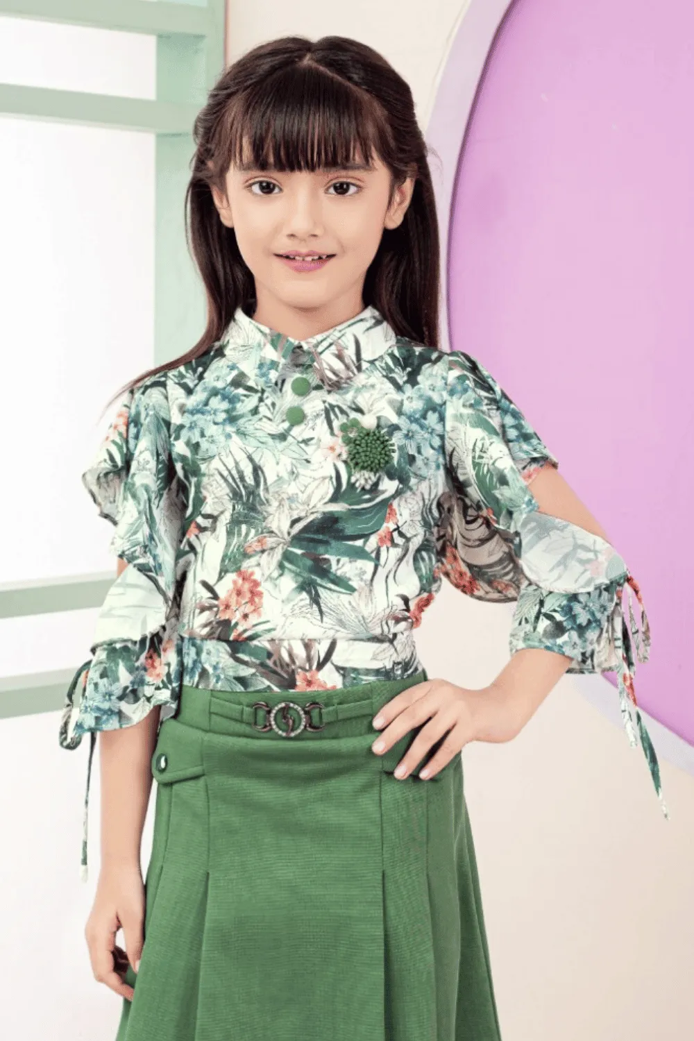 Green Digital Print Top and Divider Skirt for Girls