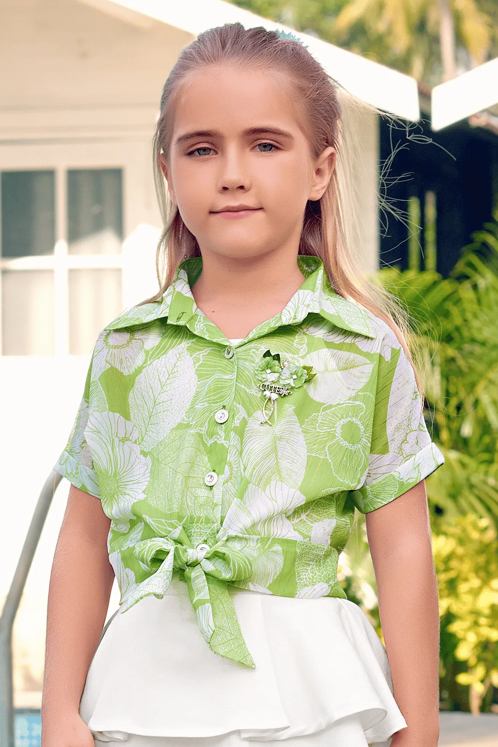 Green Digital Print Top and Half White Divider Skirt for Girls