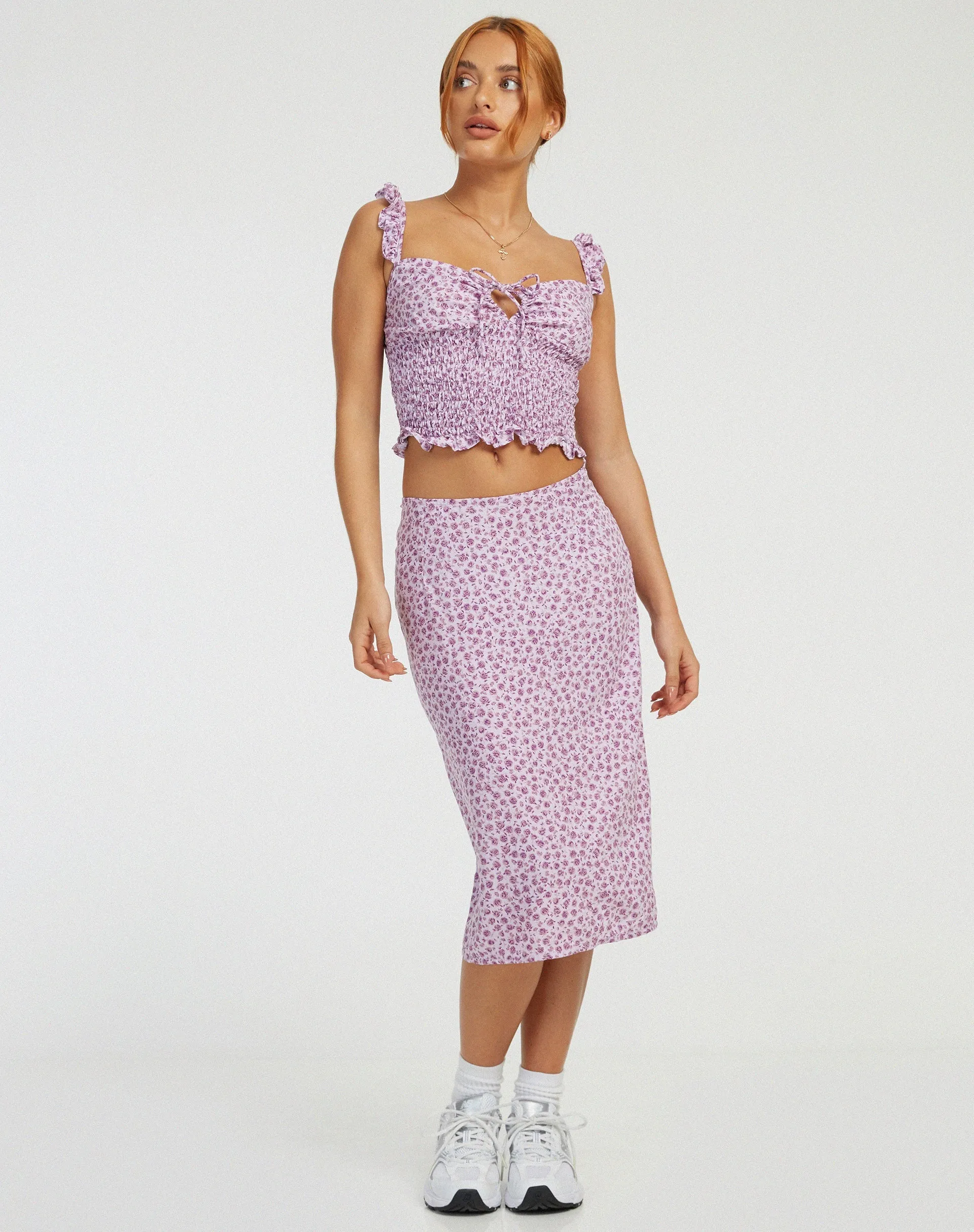 Harriet Midi Skirt in Ditsy Rose Lilac