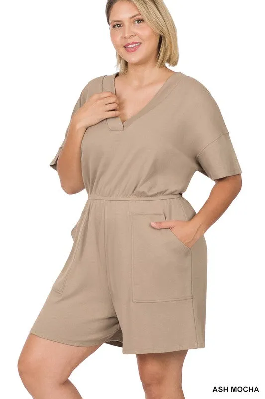 Hi Curvy Plus Size Women Drop Shoulder V-Neck Romper with Pockets