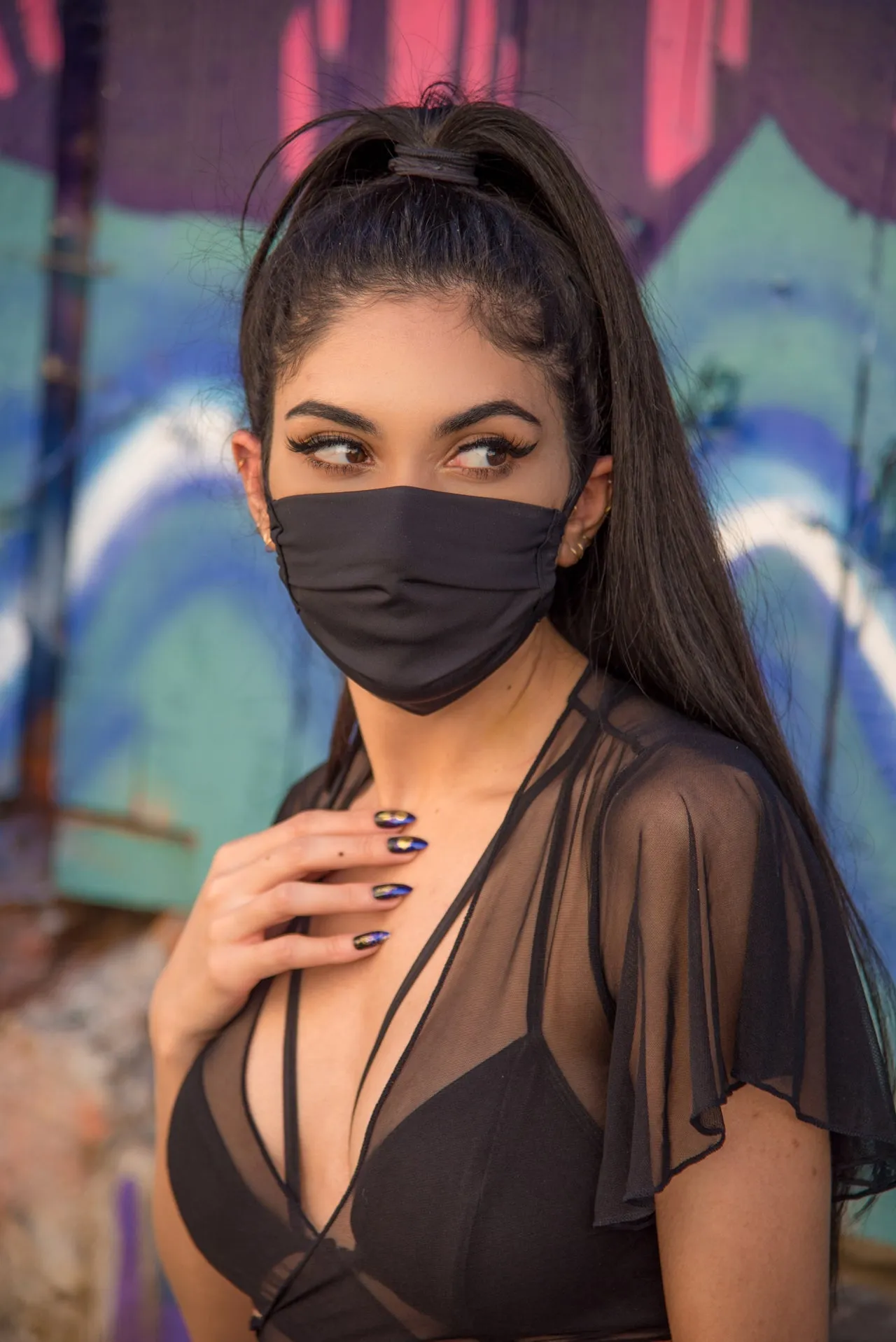 J. Valentine Black Stretch Pleated Face Mask- Festival Rave Accessory