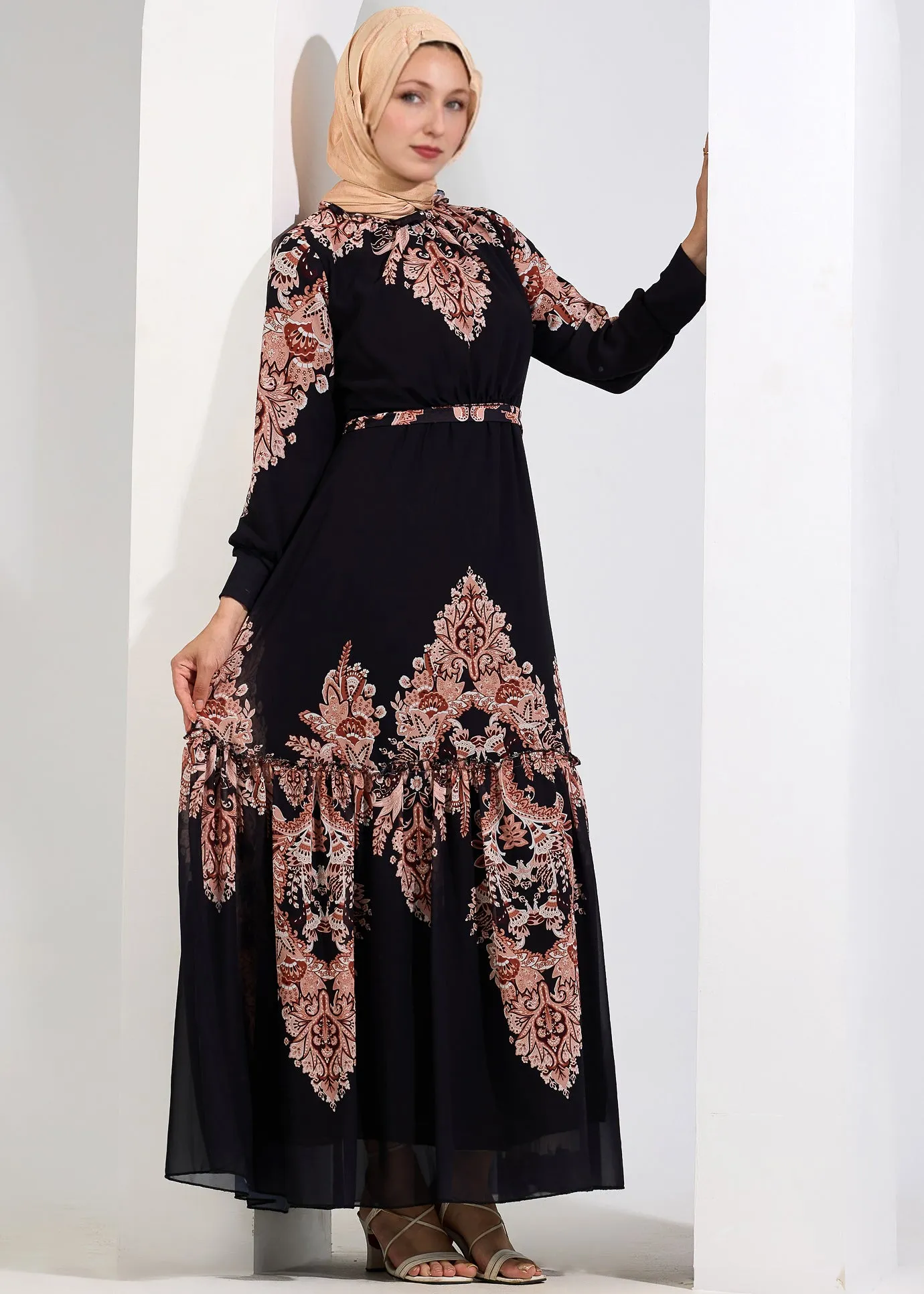 Jamilah Majestic Black Chiffon Maxi Dress with Peach Floral Print