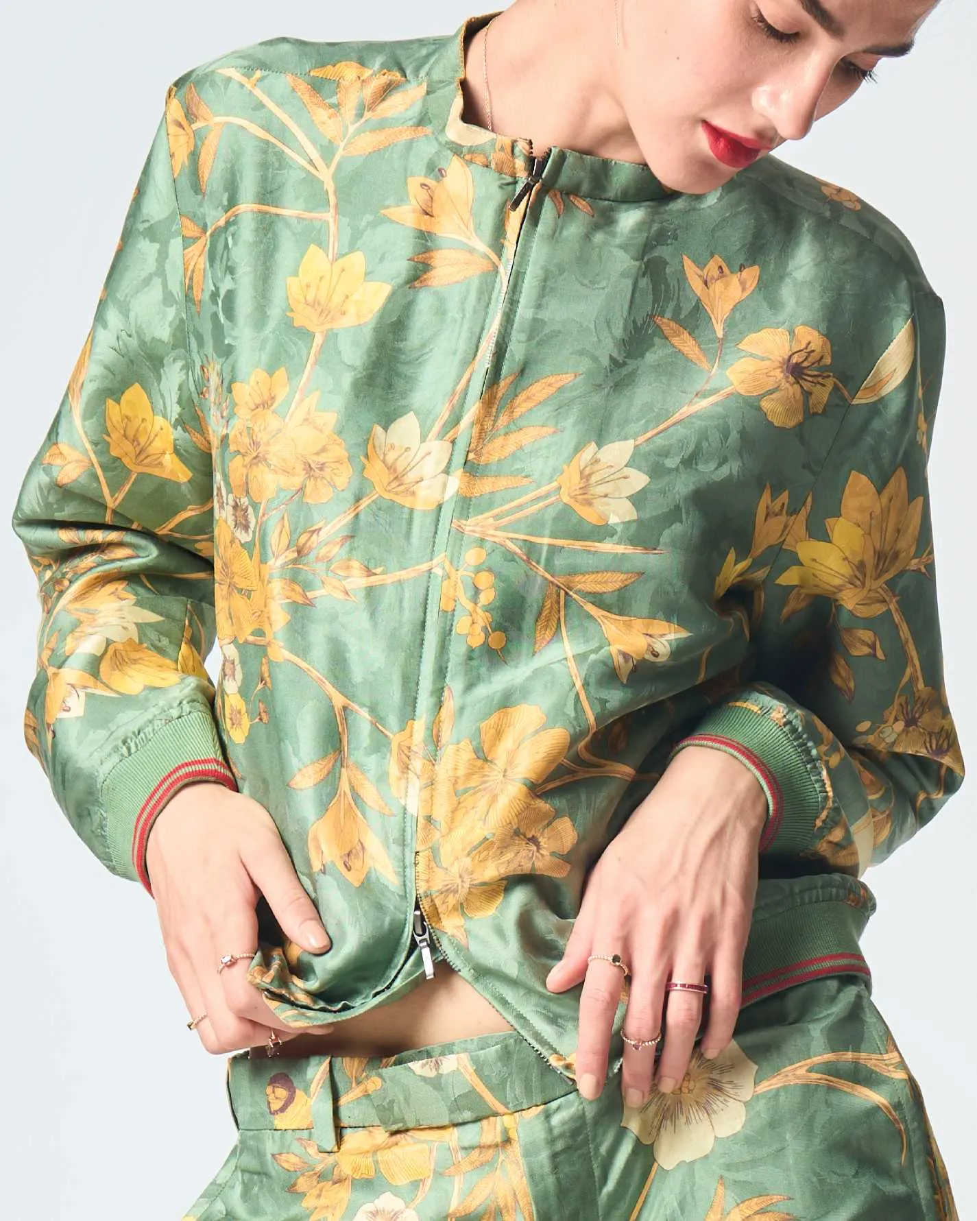 Janbaaz Bomber Jacket Silk Damask Sage