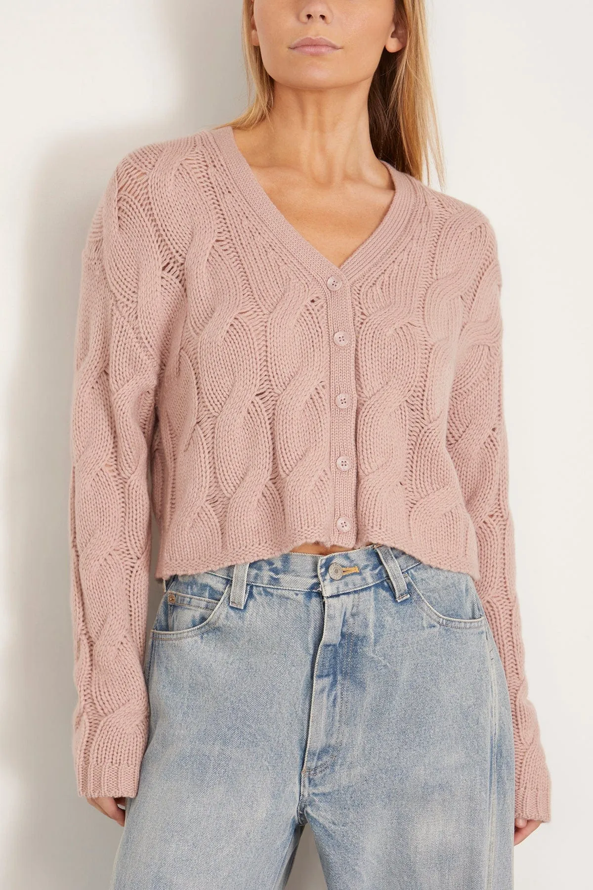 Jolie V-neck Cropped Cable Cardigan in Adobe Rose