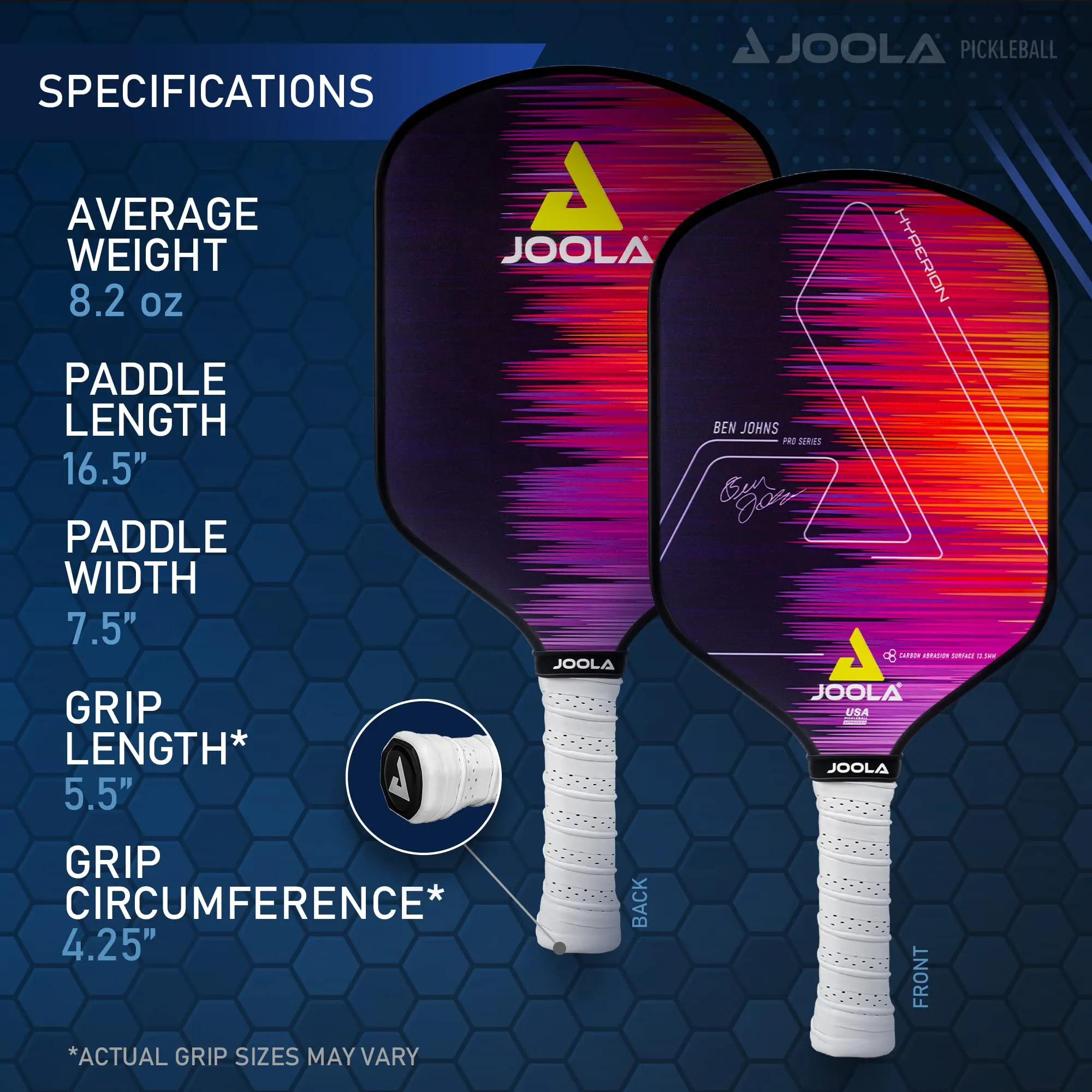 JOOLA Ben Johns Hyperion CAS 13.5 Pickleball Paddle - Carbon Abrasion Surface with High Grit & Spin, Elongated Handle, 13.5mm Pickle Ball Paddle with Polypropylene Honeycomb Core, USAPA Approved