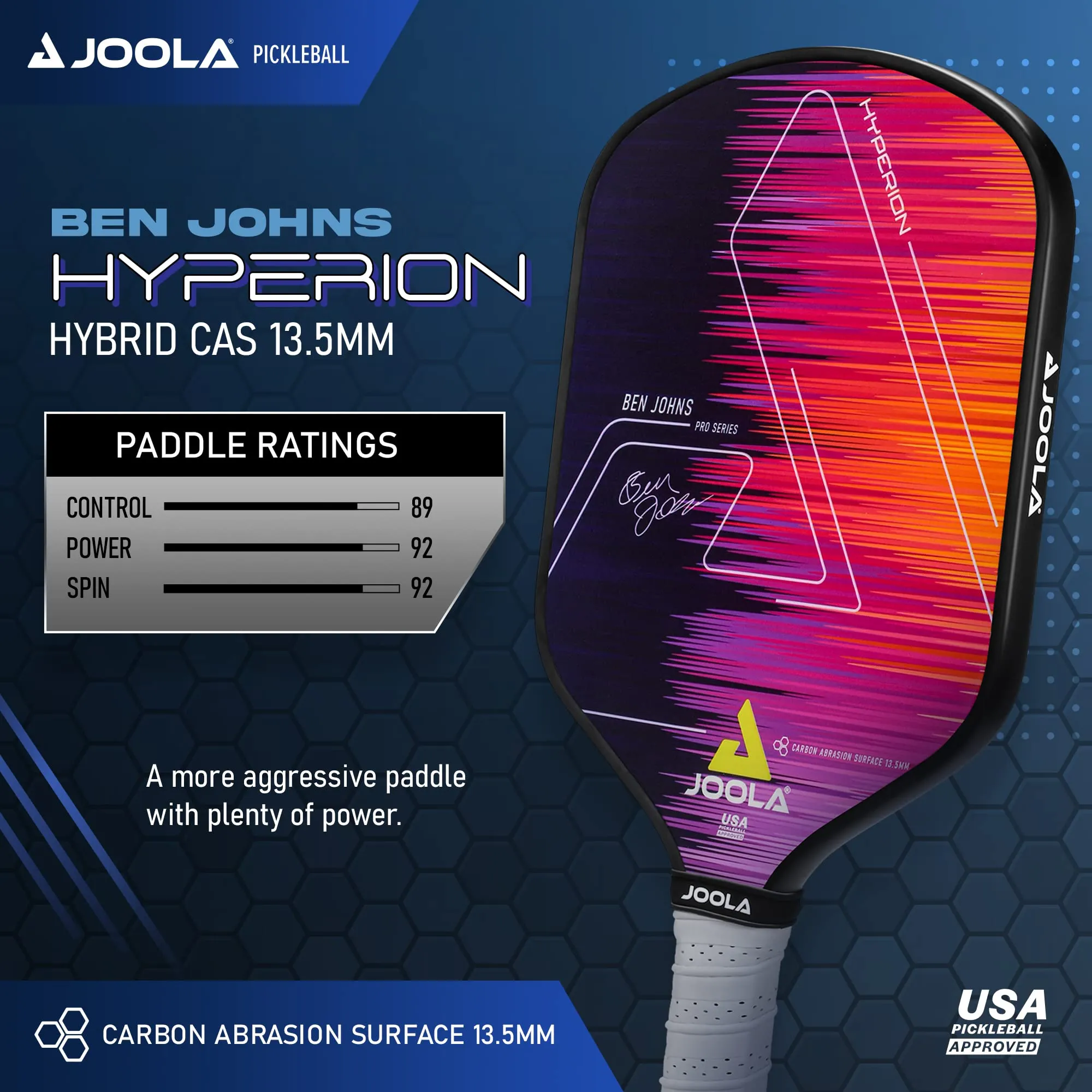 JOOLA Ben Johns Hyperion CAS 13.5 Pickleball Paddle - Carbon Abrasion Surface with High Grit & Spin, Elongated Handle, 13.5mm Pickle Ball Paddle with Polypropylene Honeycomb Core, USAPA Approved