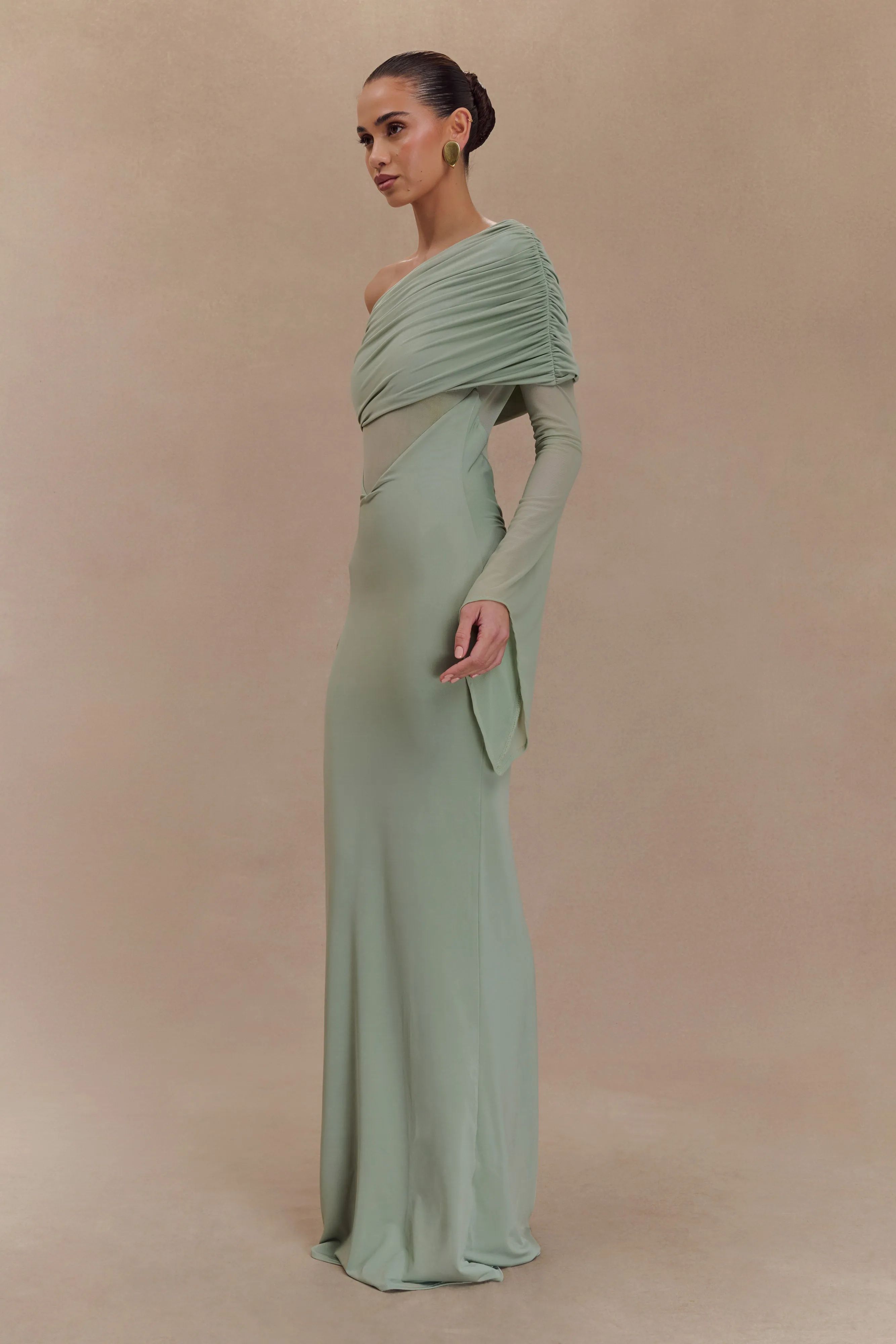 Kaitlin One Shoulder Slinky And Mesh Maxi Dress - Basil