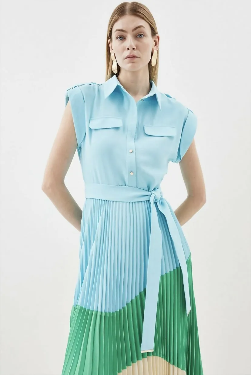 Karen Millen Color Block Pleated Woven Midi Shirt Dress