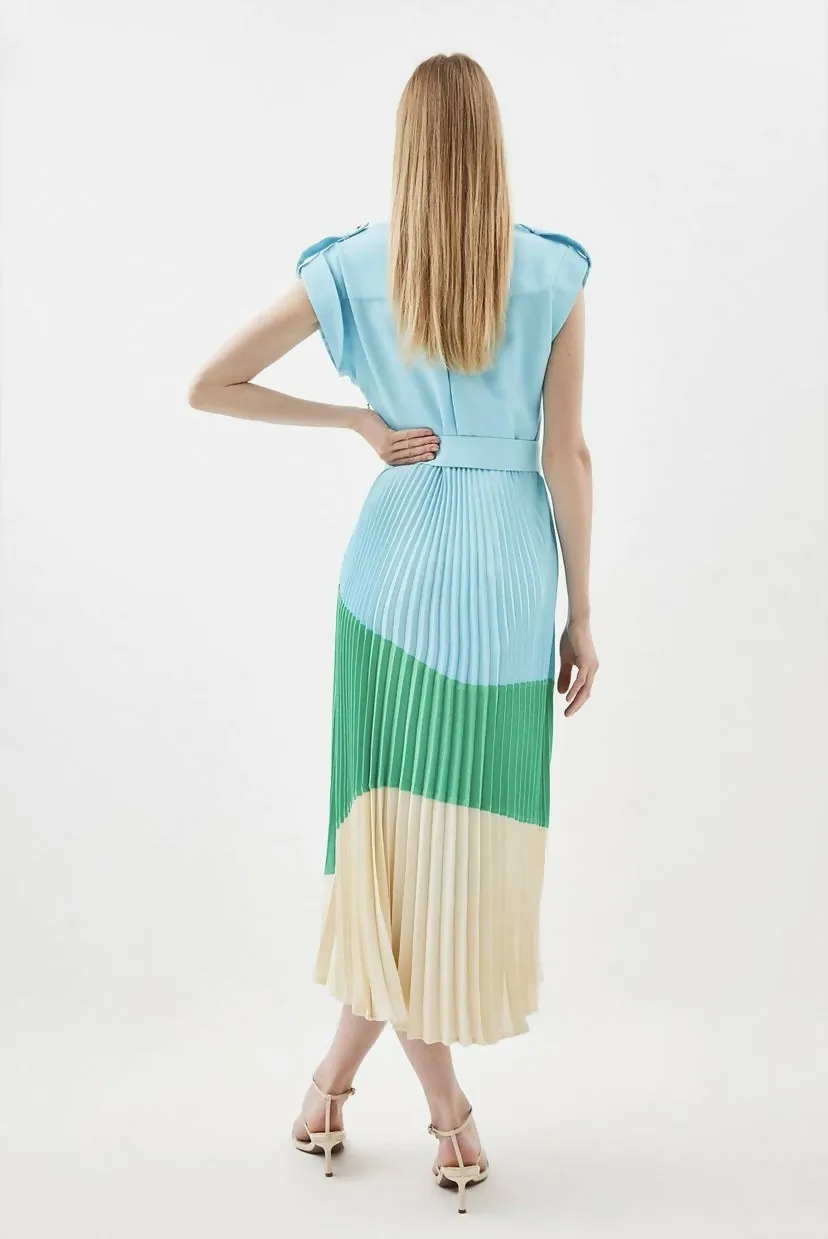 Karen Millen Color Block Pleated Woven Midi Shirt Dress