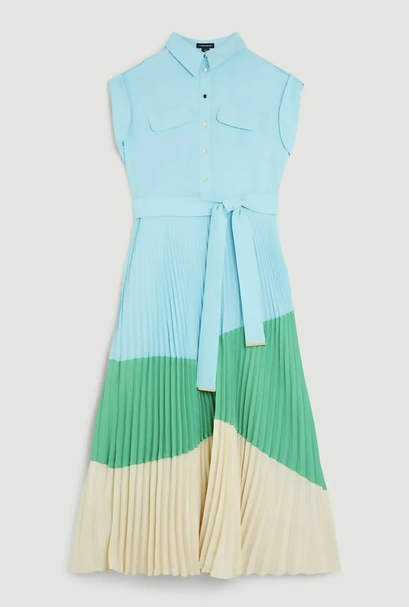 Karen Millen Color Block Pleated Woven Midi Shirt Dress