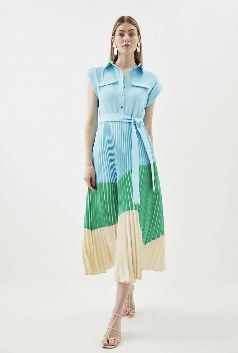 Karen Millen Color Block Pleated Woven Midi Shirt Dress