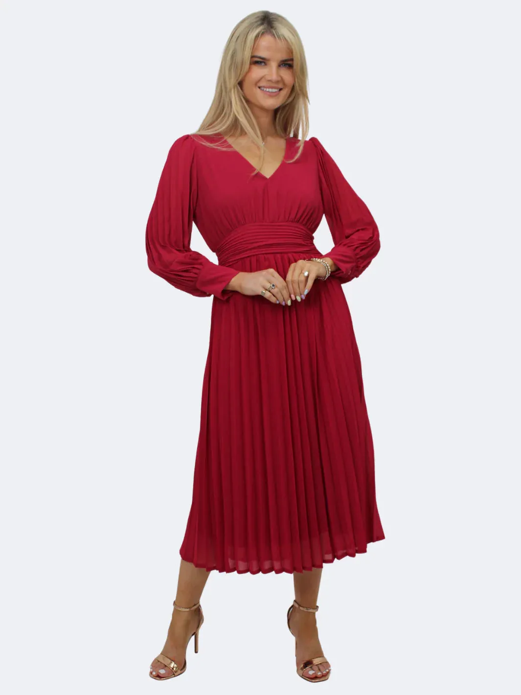 Kate And Pippa Hannah Chiffon pleated Midi dress in Berry