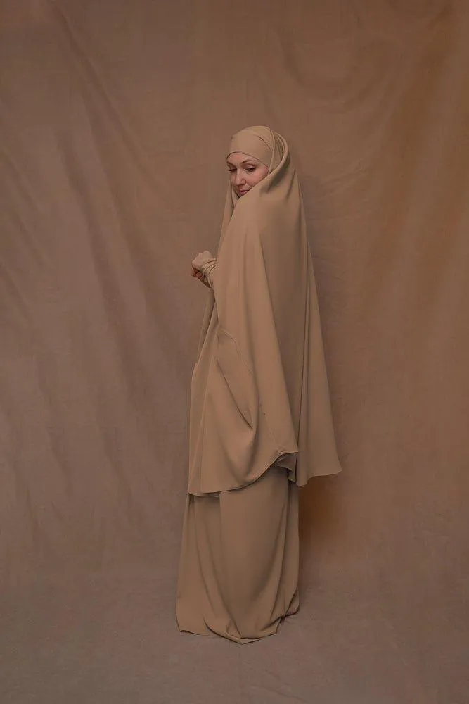 Khaki Moira prayer Umrah gown with niqab feature