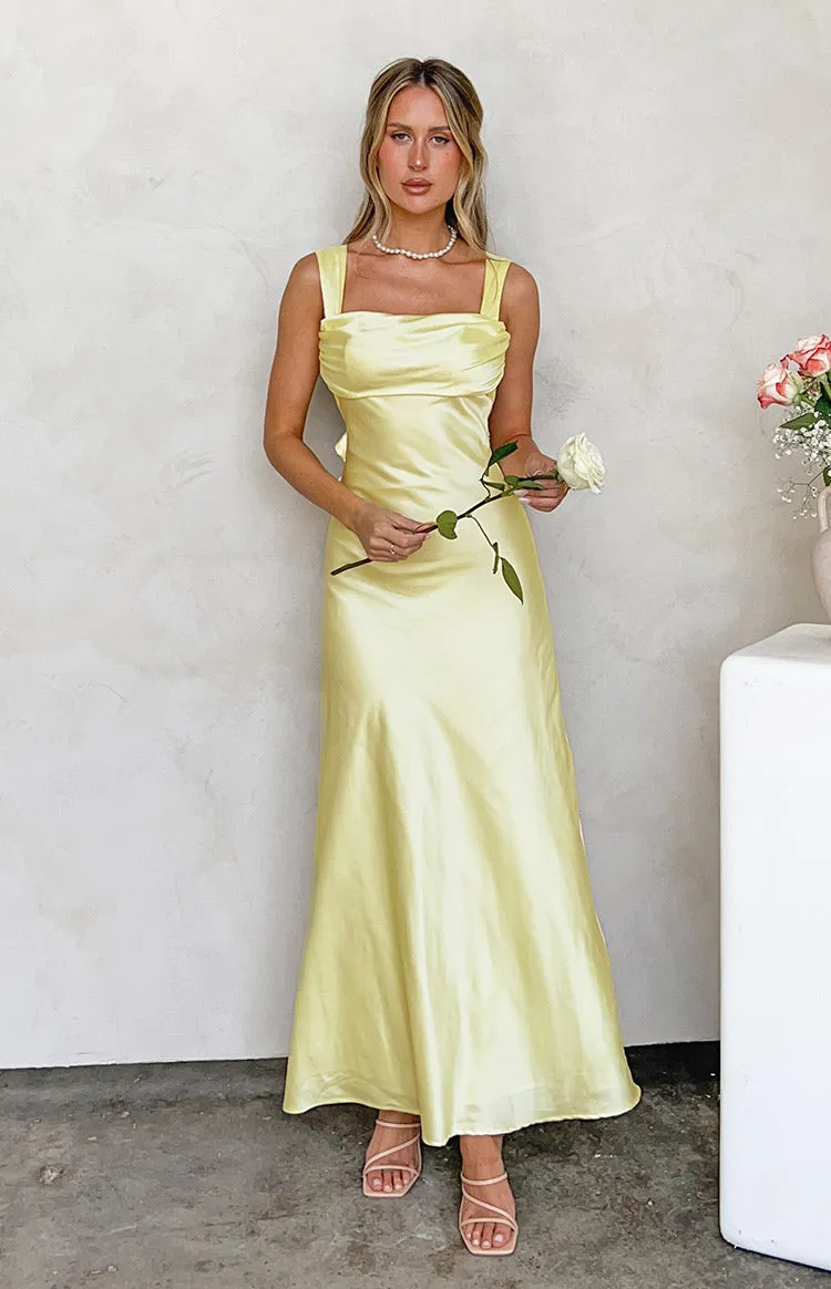 Laria Yellow Satin Formal Maxi Dress