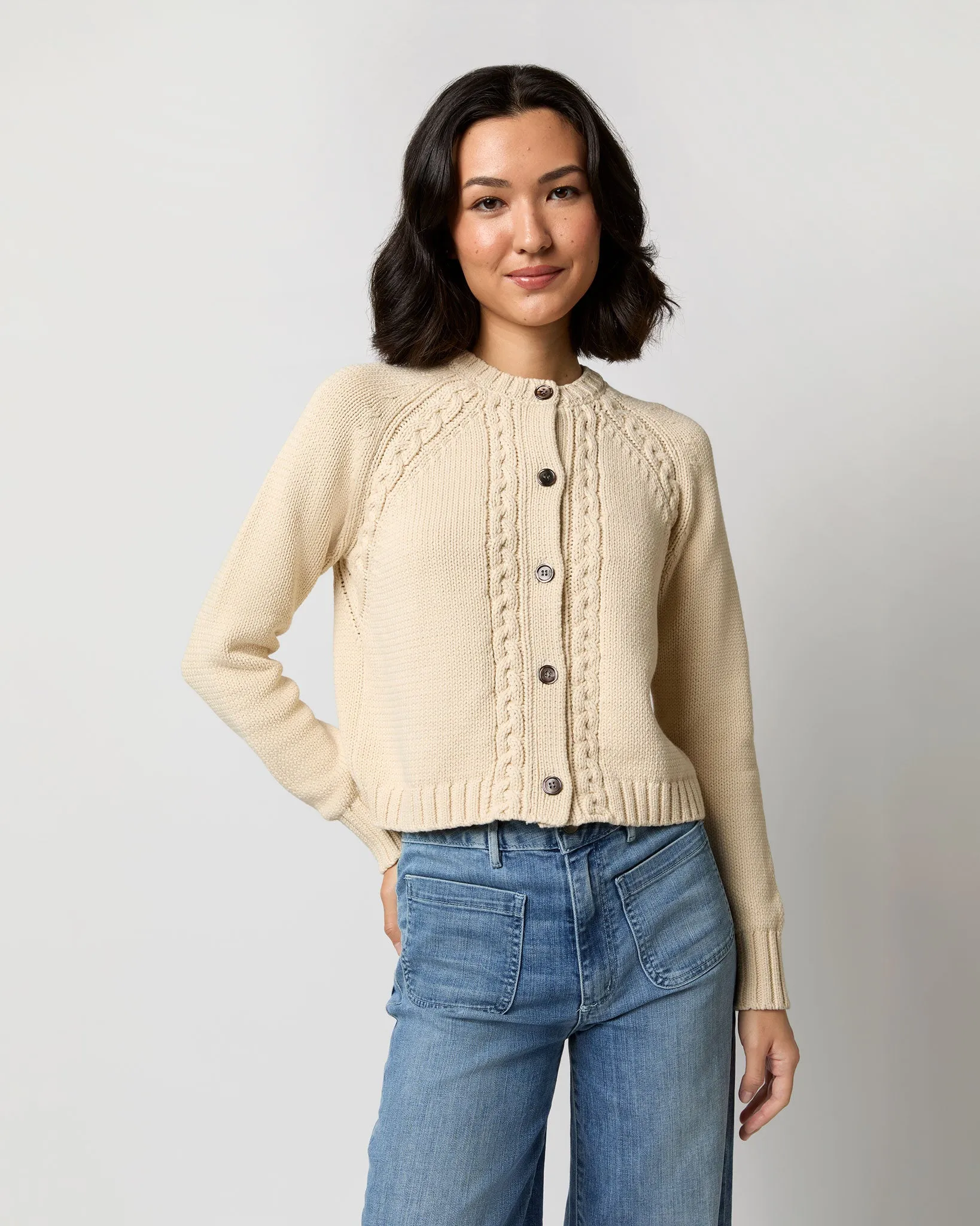 Lauren Cardigan in Cream Cotton Tape Yarn