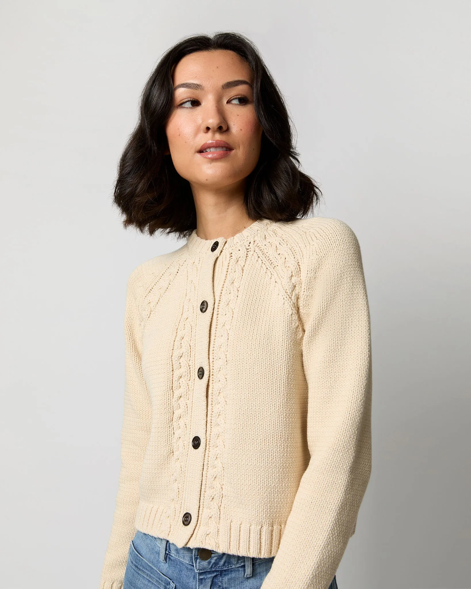 Lauren Cardigan in Cream Cotton Tape Yarn