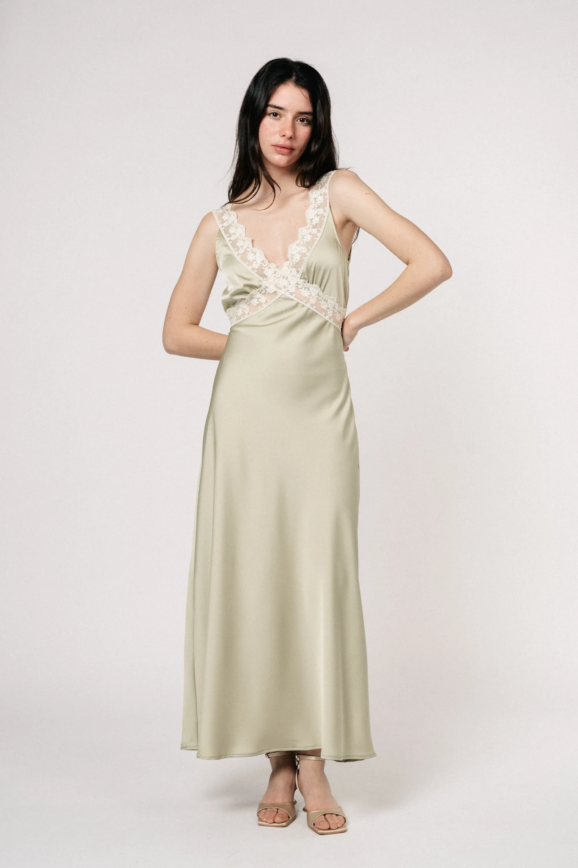 Lilou Satin Maxi Dress - Sage Green