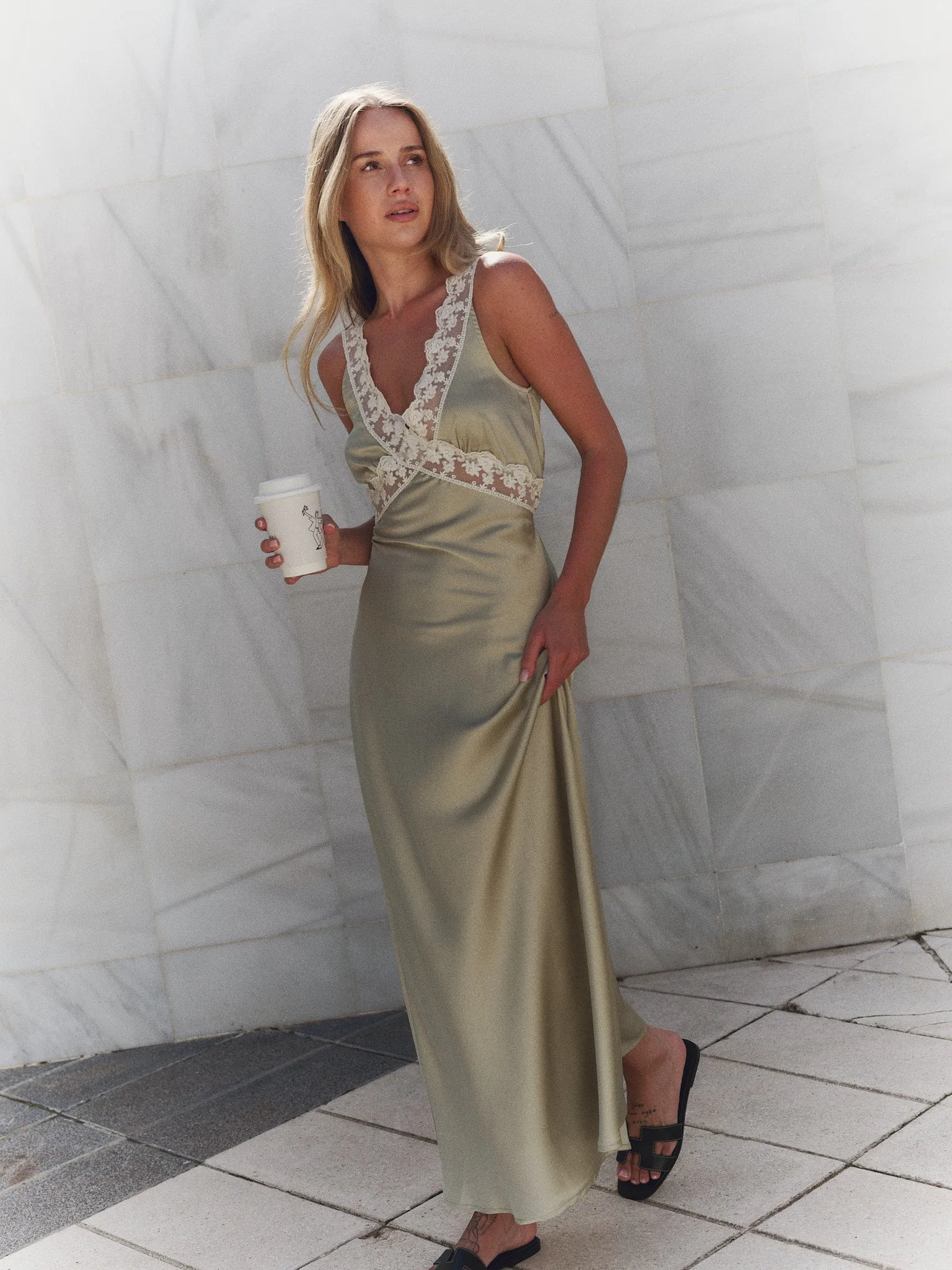 Lilou Satin Maxi Dress - Sage Green